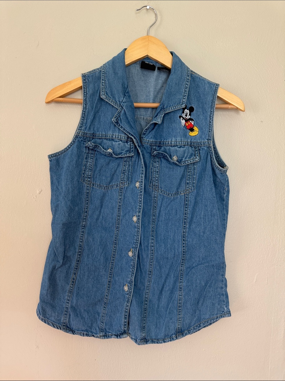 Vintage Mickey Mouse Embroidered Denim Sleeveless Shirt - small